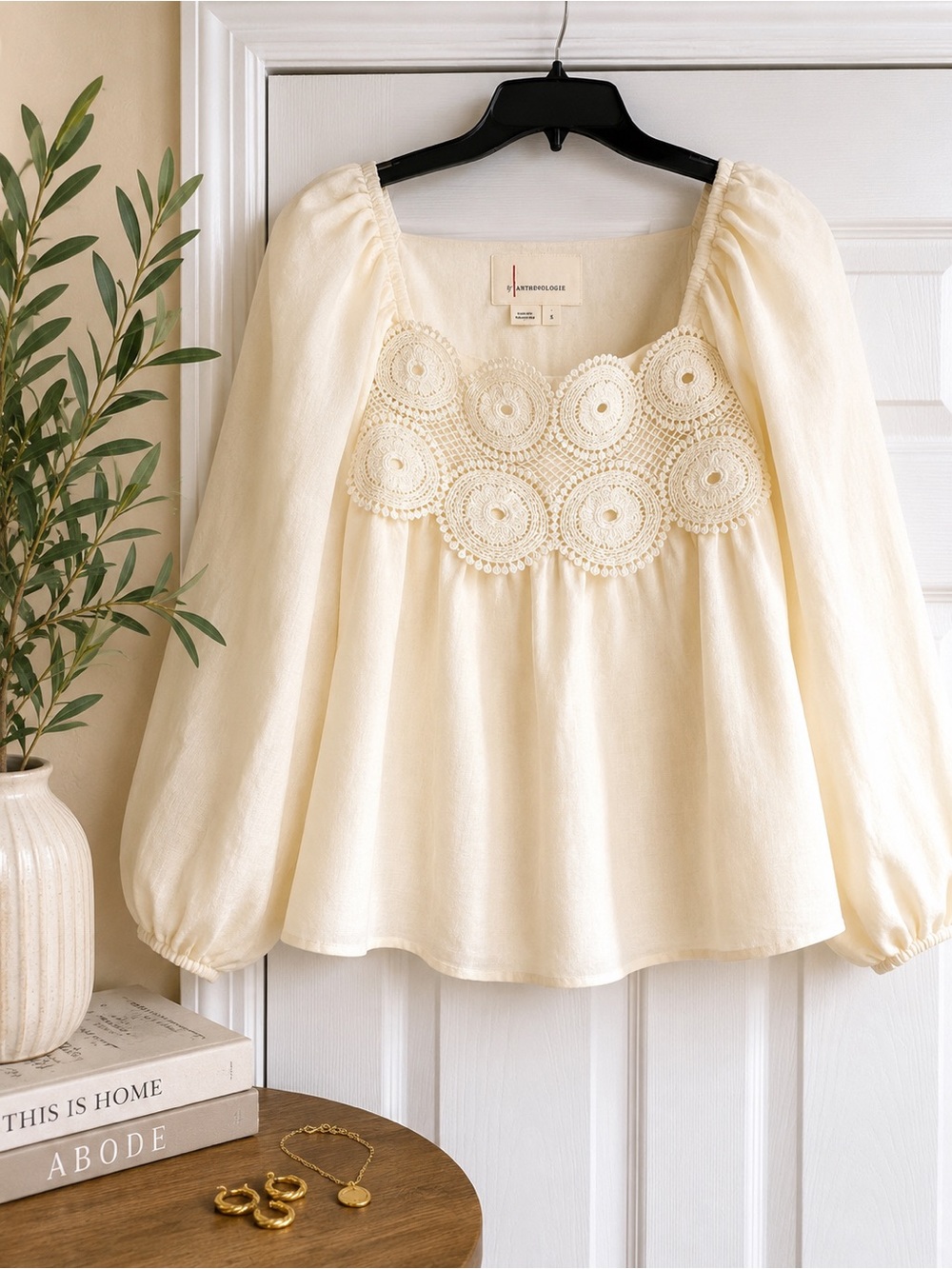 Anthropologie crochet yoke linen blend puff sleeve blouse small ivory boho